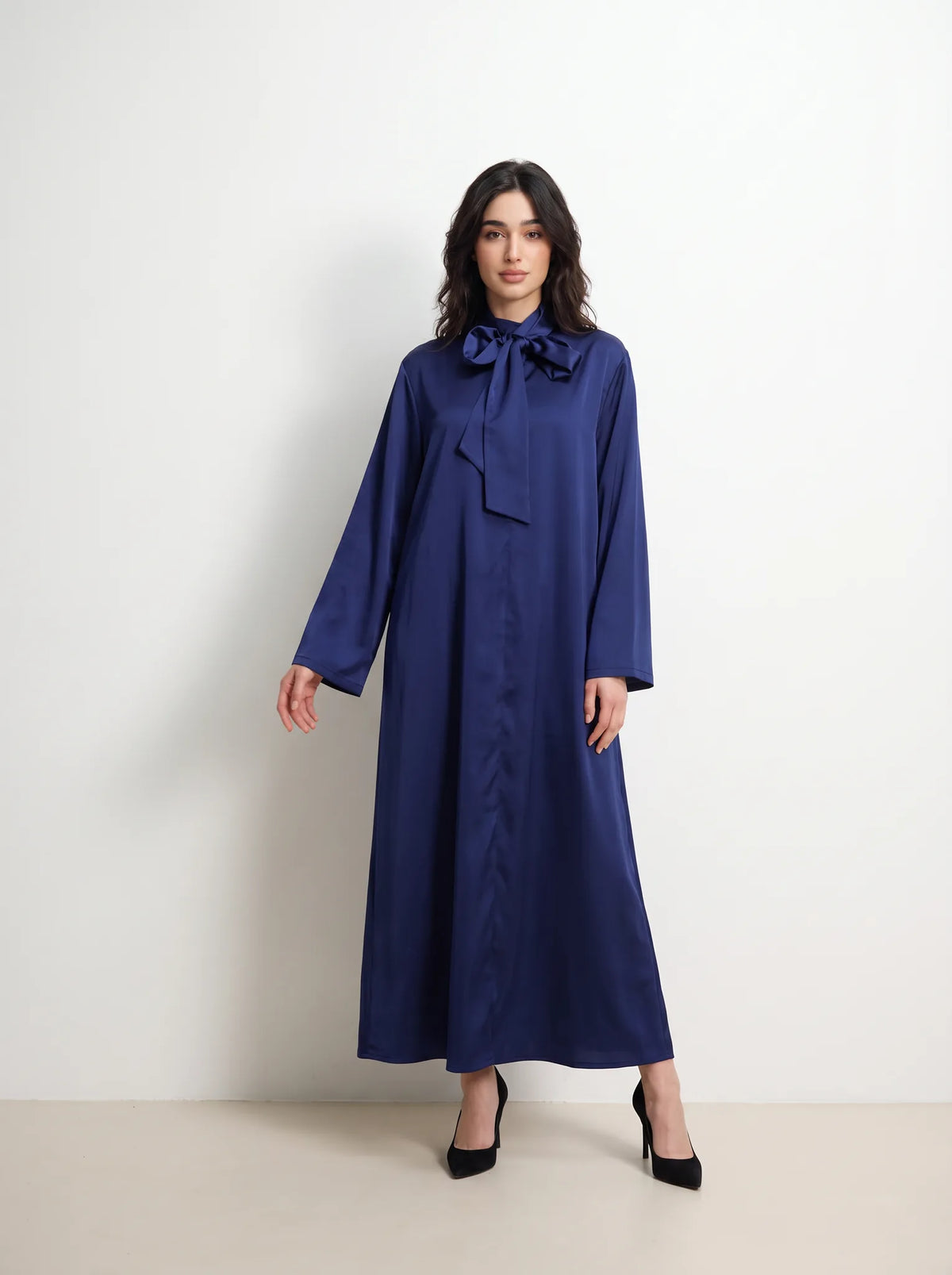 Navy Blue Bow Neck Satin Maxi Dress