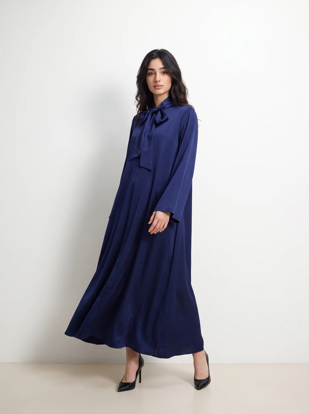 Navy Blue Bow Neck Satin Maxi Dress