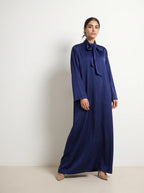 Navy Blue Bow Neck Satin Maxi Dress